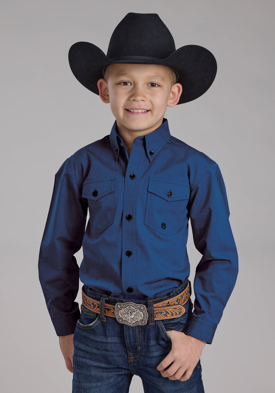 BOYS BLACK FILL POPLIN - BLUE LONG SLEEVE BUTTON WESTERN SHIRT