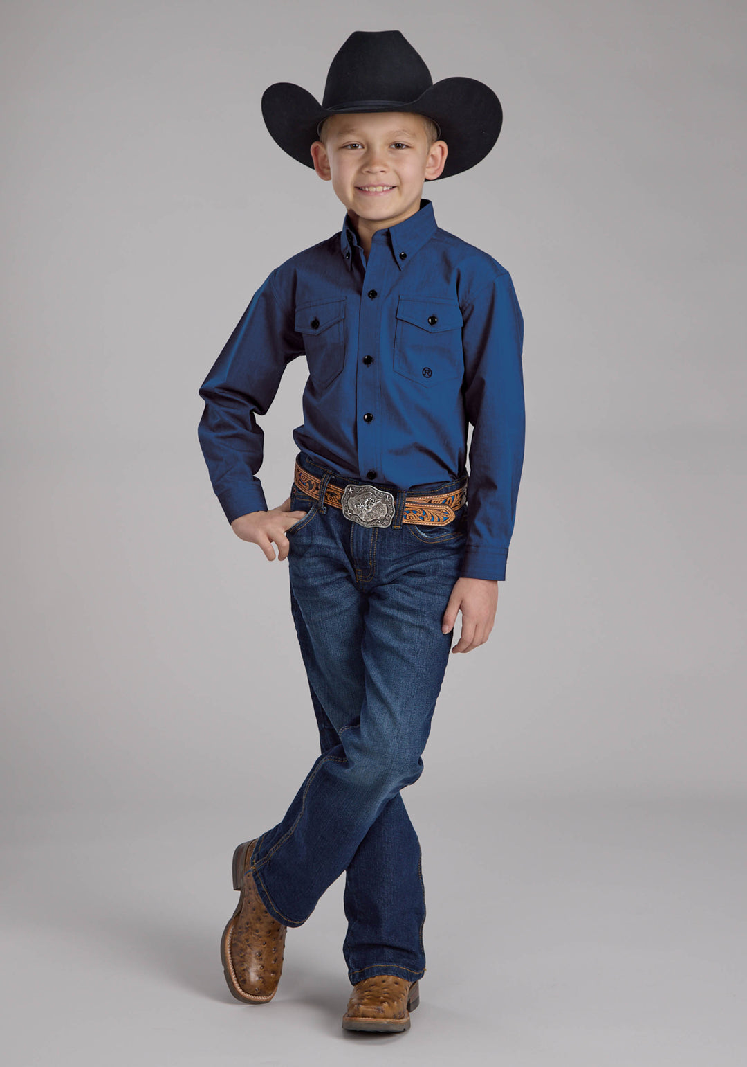 BOYS BLACK FILL POPLIN - BLUE LONG SLEEVE BUTTON WESTERN SHIRT