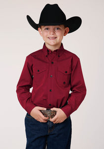BOYS LONG SLEEVE BUTTON BLACK FILL  SOLID RED WESTERN SHIRT