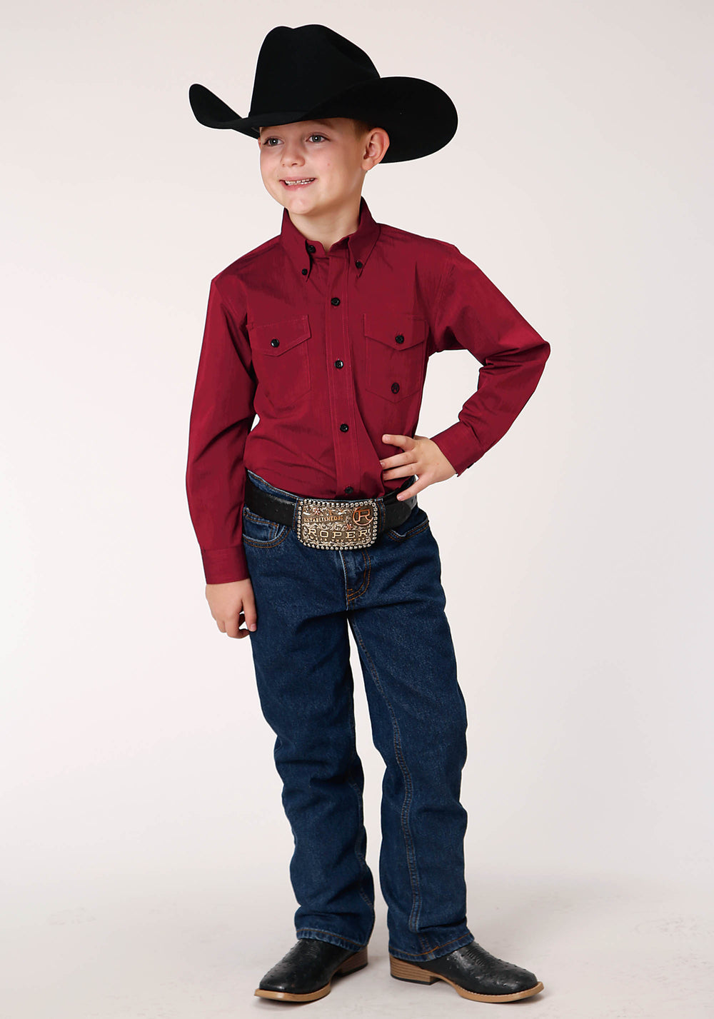 BOYS LONG SLEEVE BUTTON BLACK FILL  SOLID RED WESTERN SHIRT