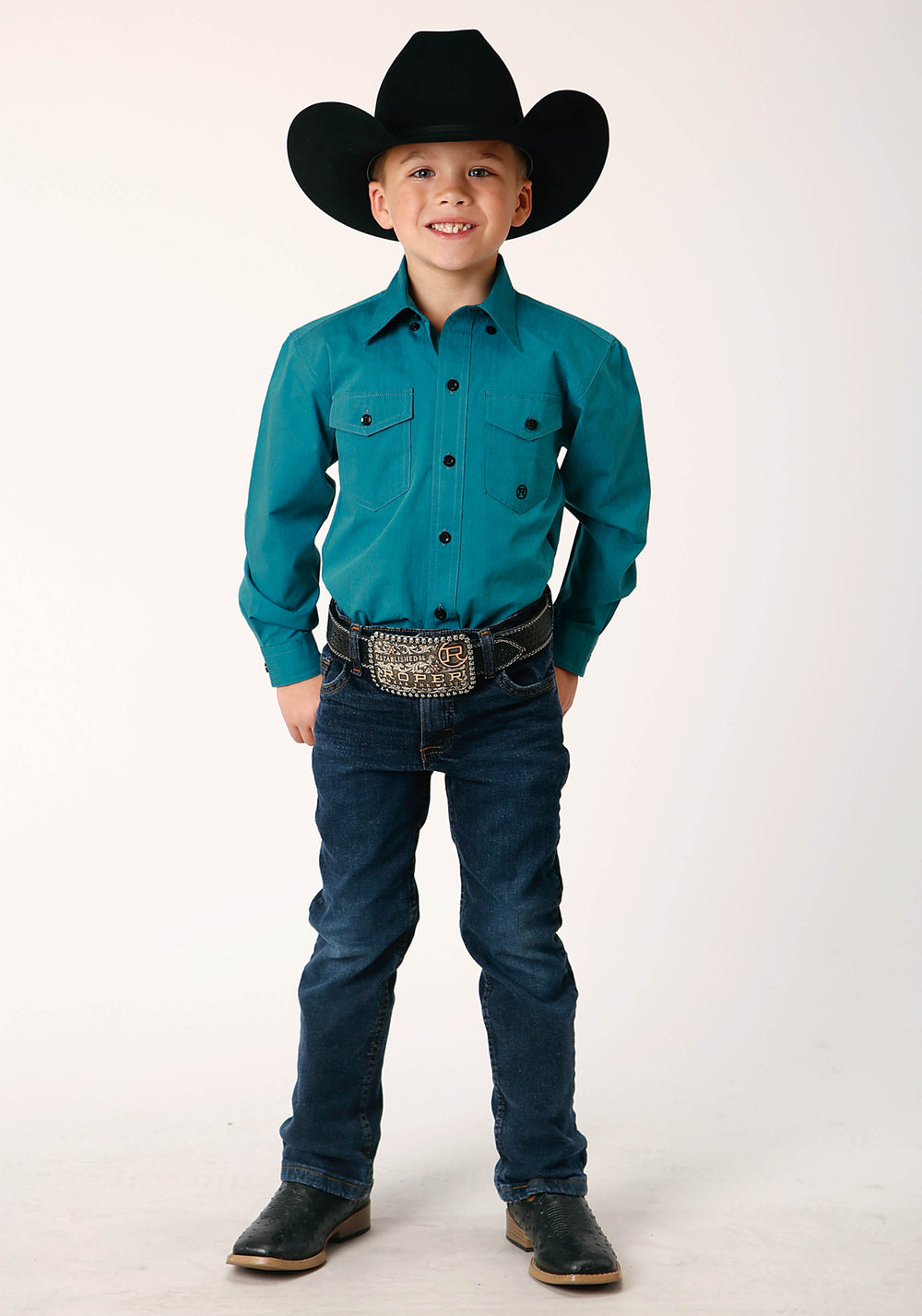 BOYS LONG SLEEVE BUTTON BLACK FILL SOLID  TEAL WESTERN SHIRT