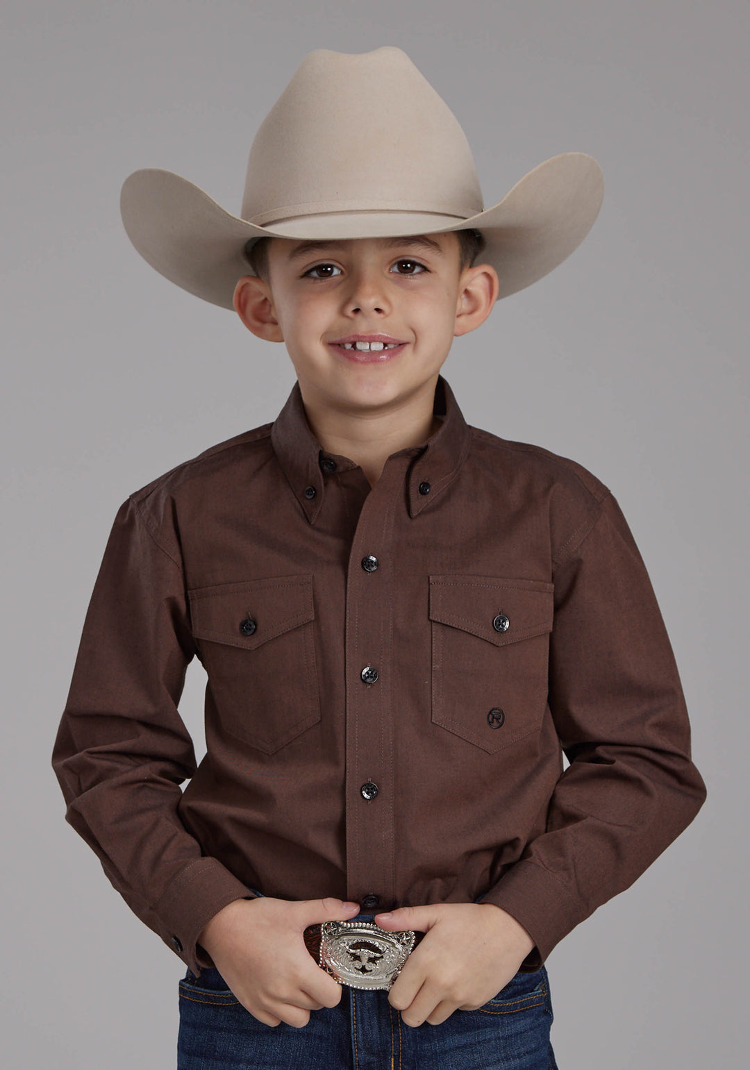 BOYS BLACK FILL POPLIN - POLIN BROWN LONG SLEEVE BUTTON WESTERN SHIRT