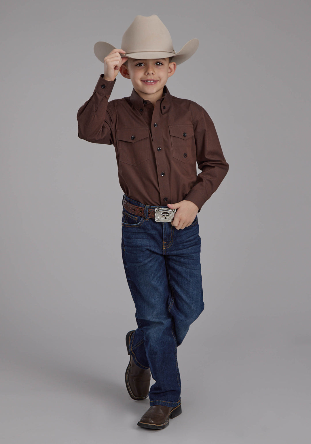 BOYS BLACK FILL POPLIN - POLIN BROWN LONG SLEEVE BUTTON WESTERN SHIRT