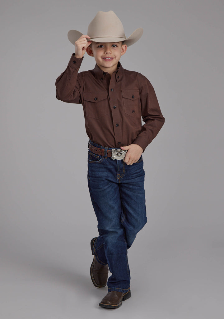 BOYS BLACK FILL POPLIN - POLIN BROWN LONG SLEEVE BUTTON WESTERN SHIRT