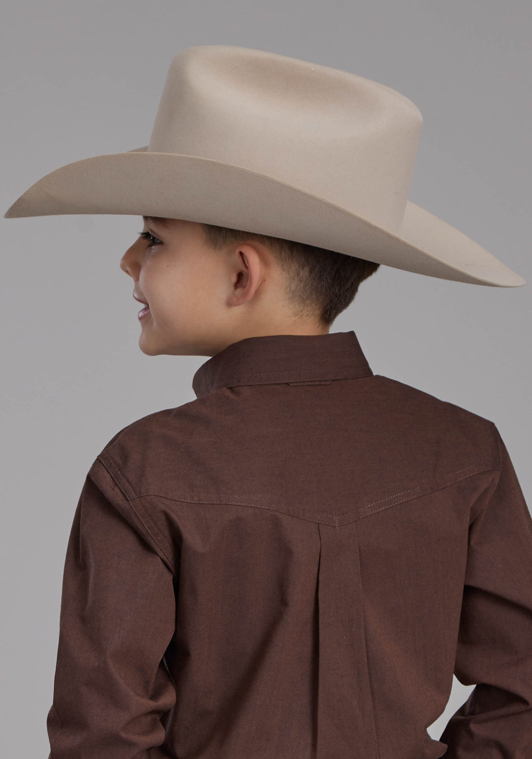 BOYS BLACK FILL POPLIN - POLIN BROWN LONG SLEEVE BUTTON WESTERN SHIRT