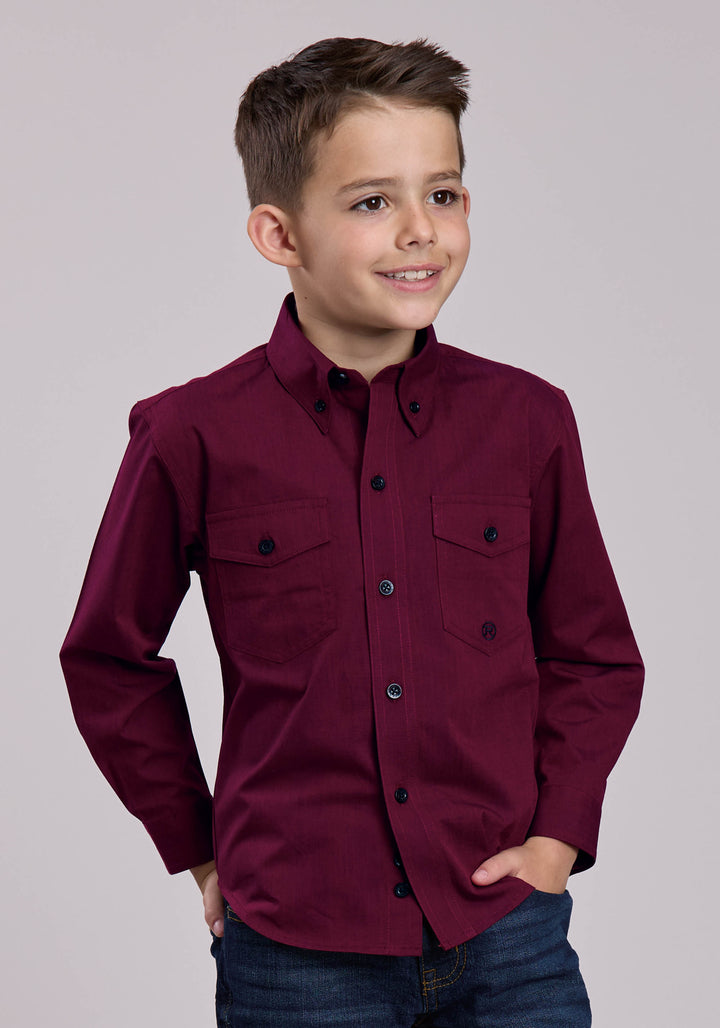 BOYS LONG SLEEVE BUTTON BLACK FILL - WINE WESTERN SHIRT