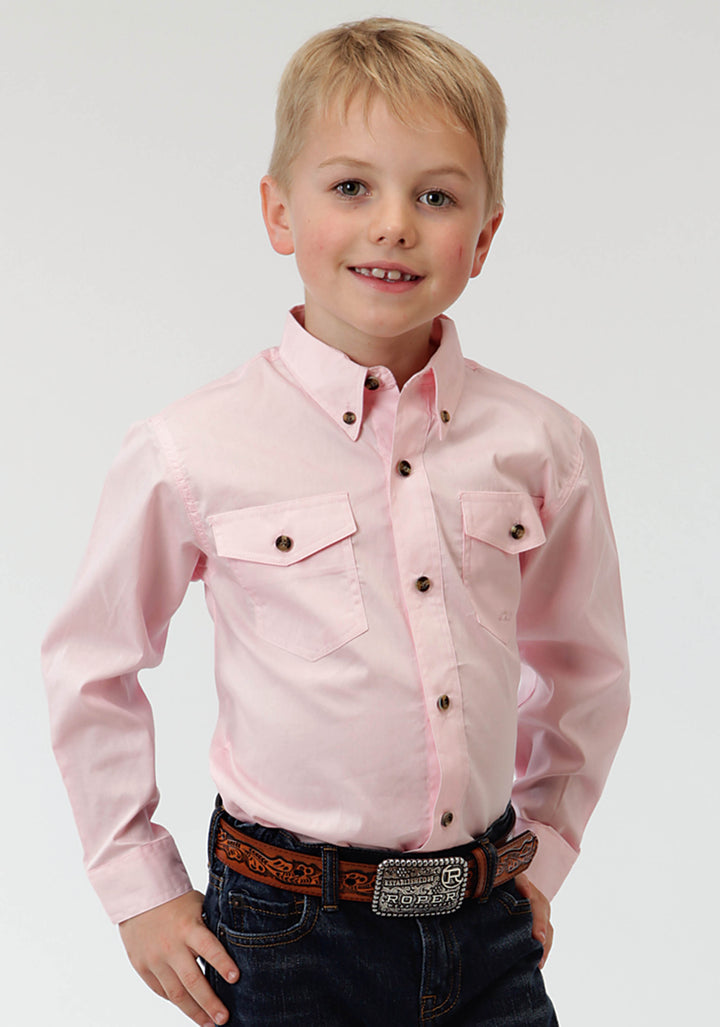 BOYS PINK SOLID LONG SLEEVE WESTERN BUTTON SNAP SHIRT