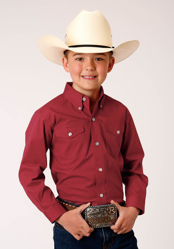BOYS LONG SLEEVE BUTTON STRETCH POPLIN  RED WESTERN SHIRT