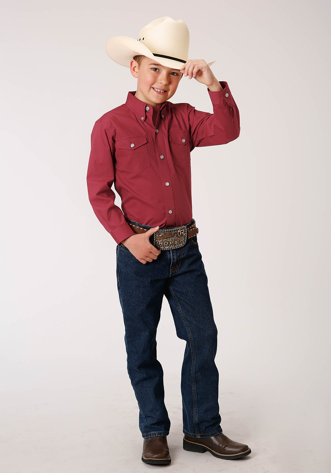 BOYS LONG SLEEVE BUTTON STRETCH POPLIN  RED WESTERN SHIRT