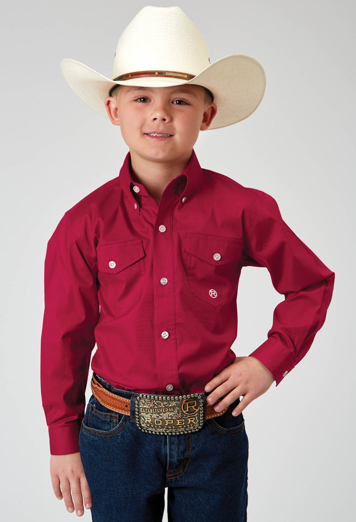 BOYS LONG SLEEVE BUTTON SOLID POPLIN STRETCH RED WESTERN SHIRT