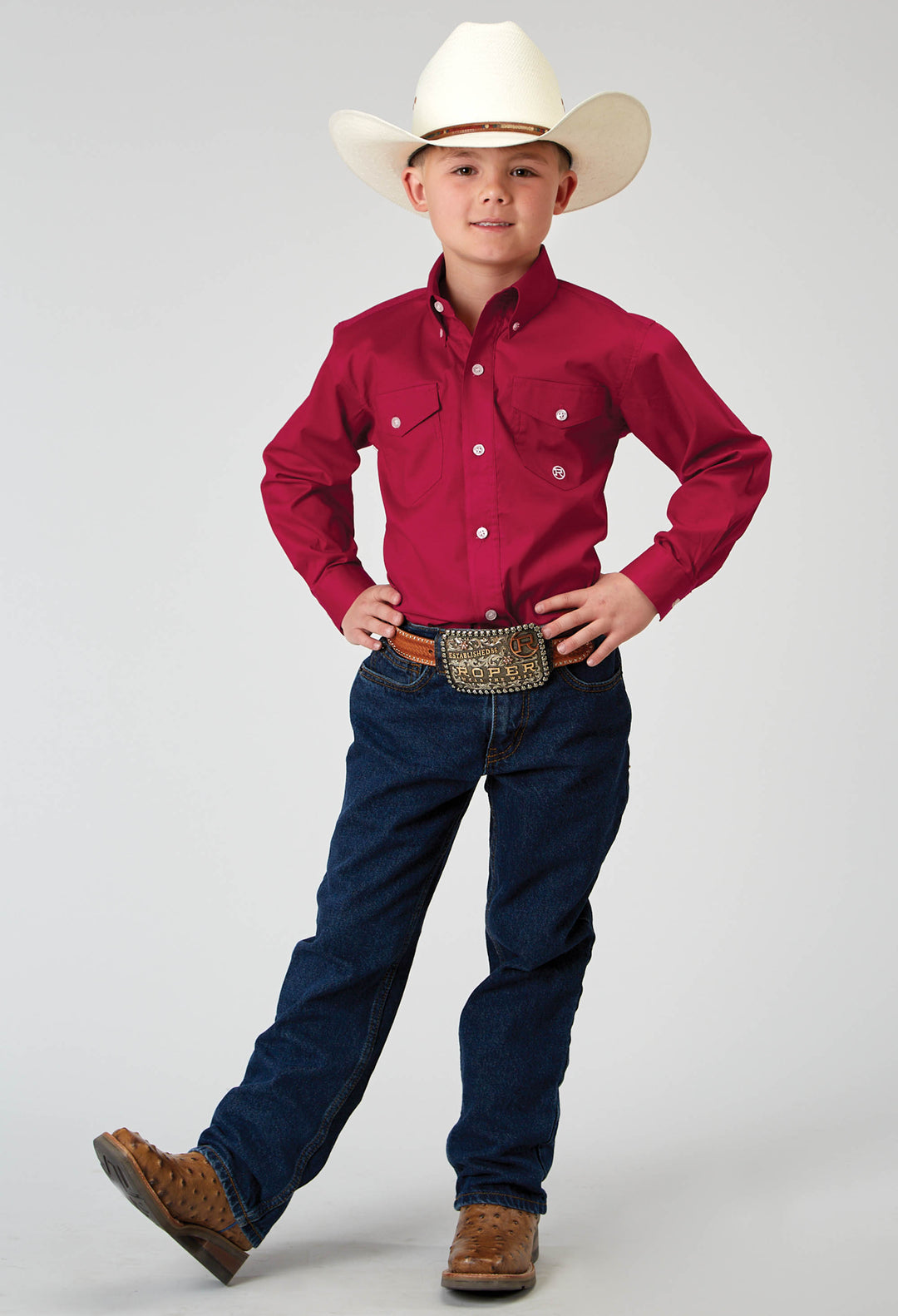 BOYS LONG SLEEVE BUTTON SOLID POPLIN STRETCH RED WESTERN SHIRT