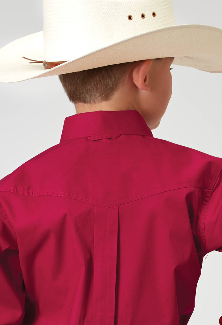 BOYS LONG SLEEVE BUTTON SOLID POPLIN STRETCH RED WESTERN SHIRT