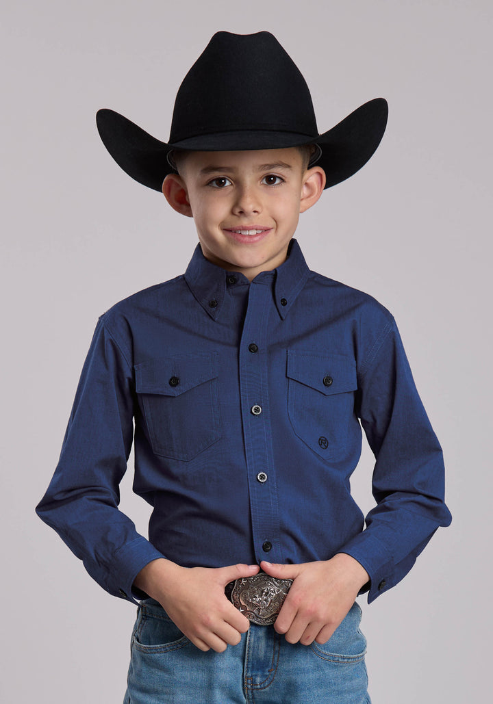 BOYS ROPER SOLID BLACK FILL AND BLUE WESTERN BUTTON UP SHIRT