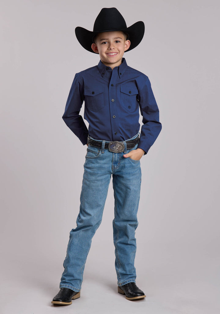 BOYS ROPER SOLID BLACK FILL AND BLUE WESTERN BUTTON UP SHIRT