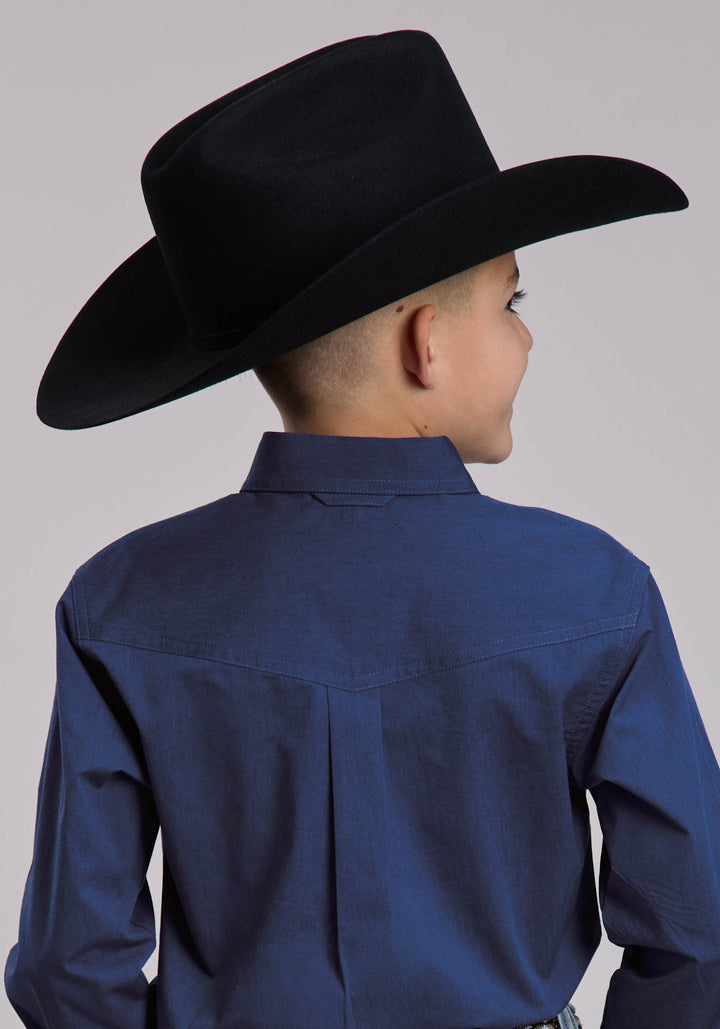 BOYS ROPER SOLID BLACK FILL AND BLUE WESTERN BUTTON UP SHIRT
