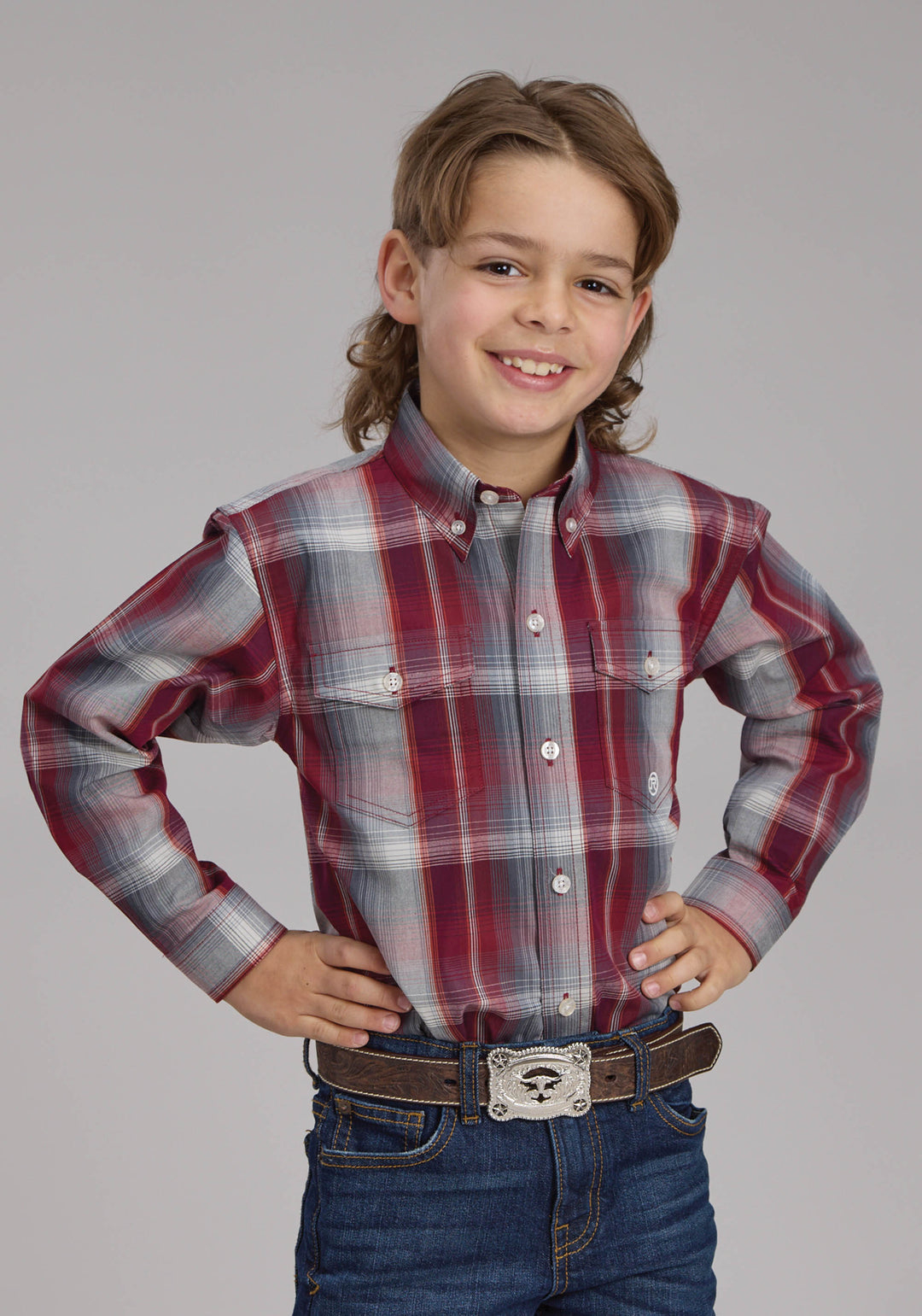 BOYS WINE AND SMOKE PLAID LONG SLEEVE BUTTON WESTERN SHIRT