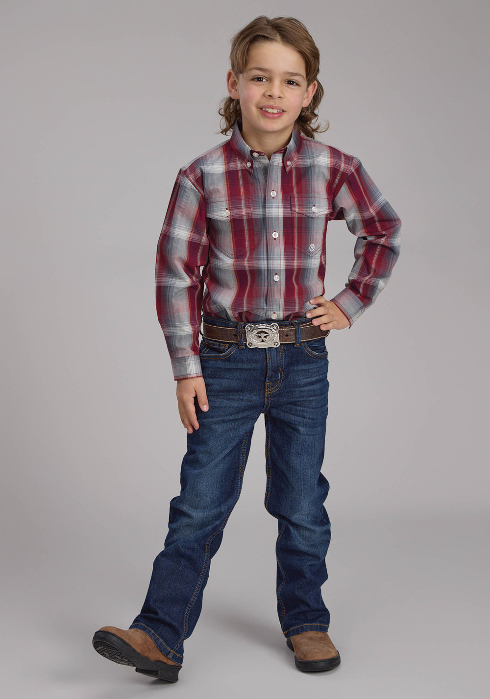 BOYS WINE AND SMOKE PLAID LONG SLEEVE BUTTON WESTERN SHIRT