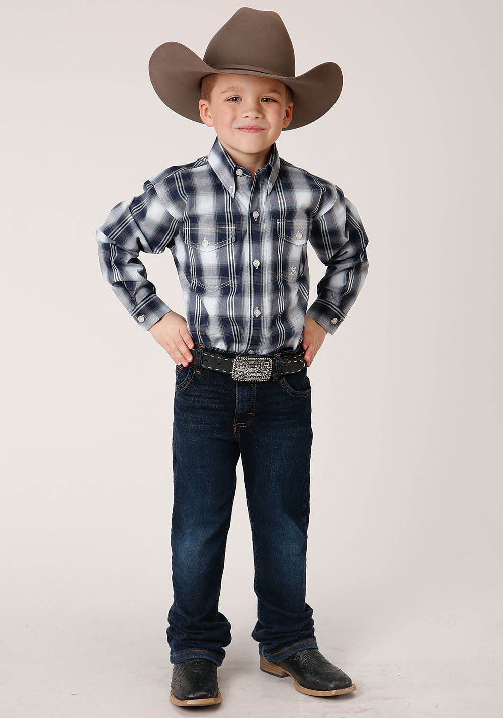 BOYS LONG SLEEVE BUTTON BLUE WEST PLAID WESTERN SHIRT
