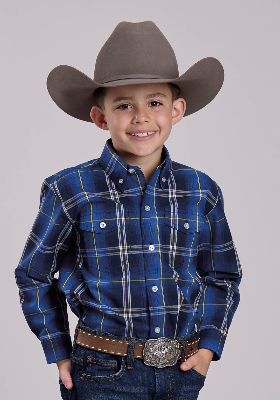 BOYS LONG SLEEVE BUTTON MIDNIGHT PLAID WESTERN SHIRT