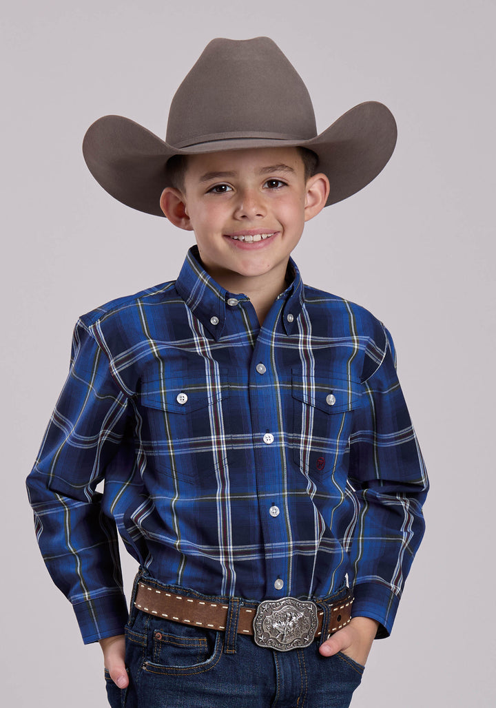 BOYS LONG SLEEVE BUTTON MIDNIGHT PLAID WESTERN SHIRT