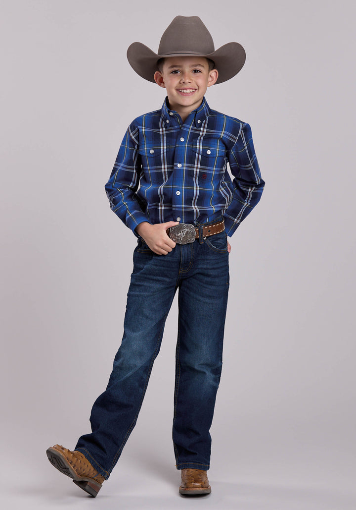BOYS LONG SLEEVE BUTTON MIDNIGHT PLAID WESTERN SHIRT