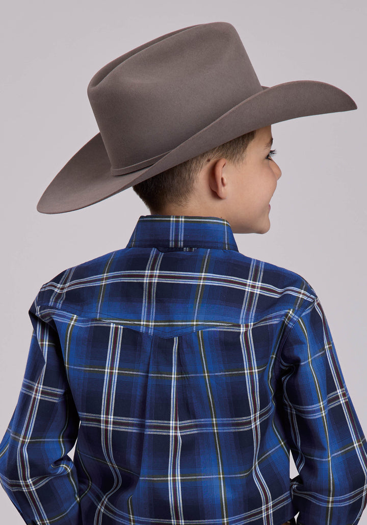 BOYS LONG SLEEVE BUTTON MIDNIGHT PLAID WESTERN SHIRT