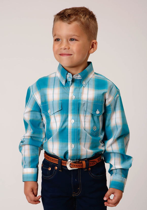 BOYS LONG SLEEVE BUTTON TURQUOISE SAND OMBRE PLAID WESTERN SHIRT