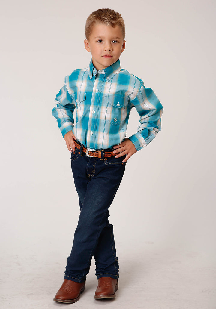 BOYS LONG SLEEVE BUTTON TURQUOISE SAND OMBRE PLAID WESTERN SHIRT