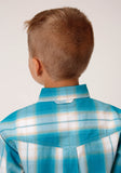 BOYS LONG SLEEVE BUTTON TURQUOISE SAND OMBRE PLAID WESTERN SHIRT
