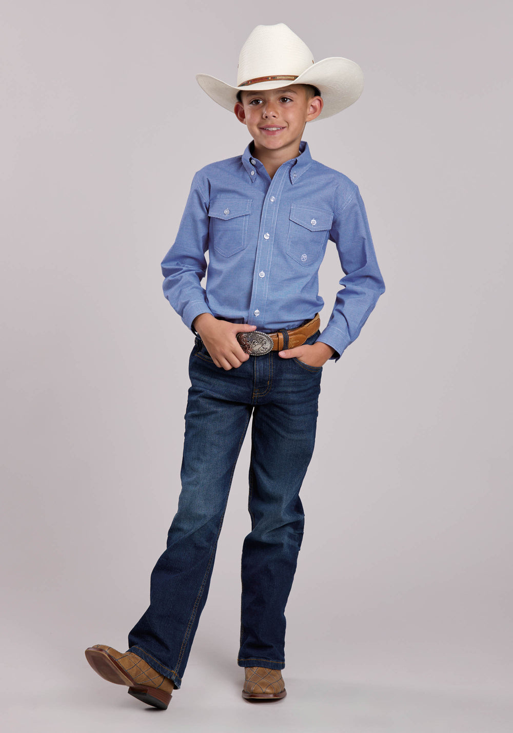 BOYS ROPER STRETCH MINI CHECK BLUE LONG SLEEVE BUTTON SHIRT