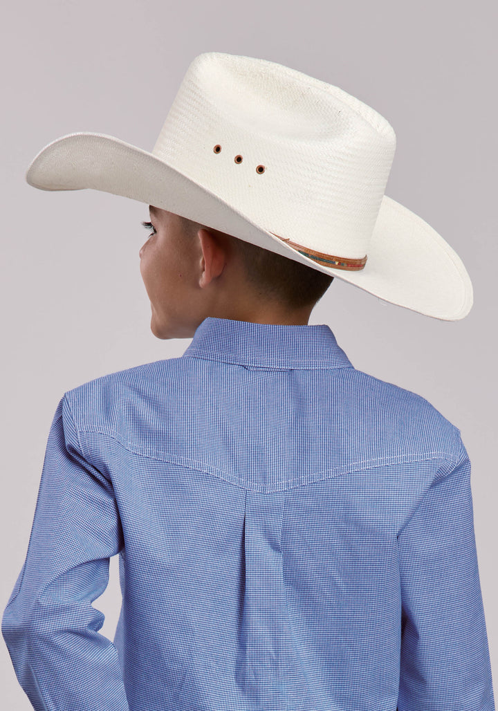 BOYS ROPER STRETCH MINI CHECK BLUE LONG SLEEVE BUTTON SHIRT