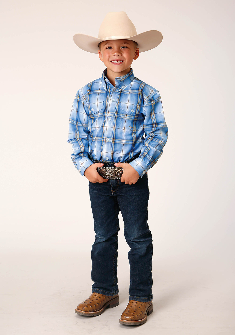 BOYS LONG SLEEVE BUTTON CORNFLOWER PLAID WESTERN SHIRT