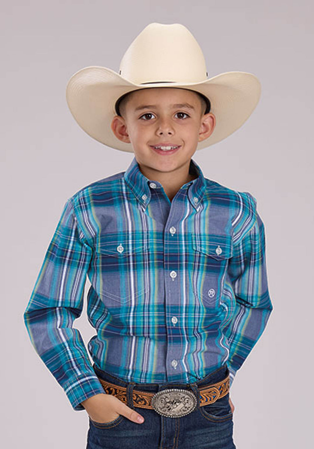 BOYS MEADOW PLAID LONG SLEEVE BUTTON WESTERN SHIRT