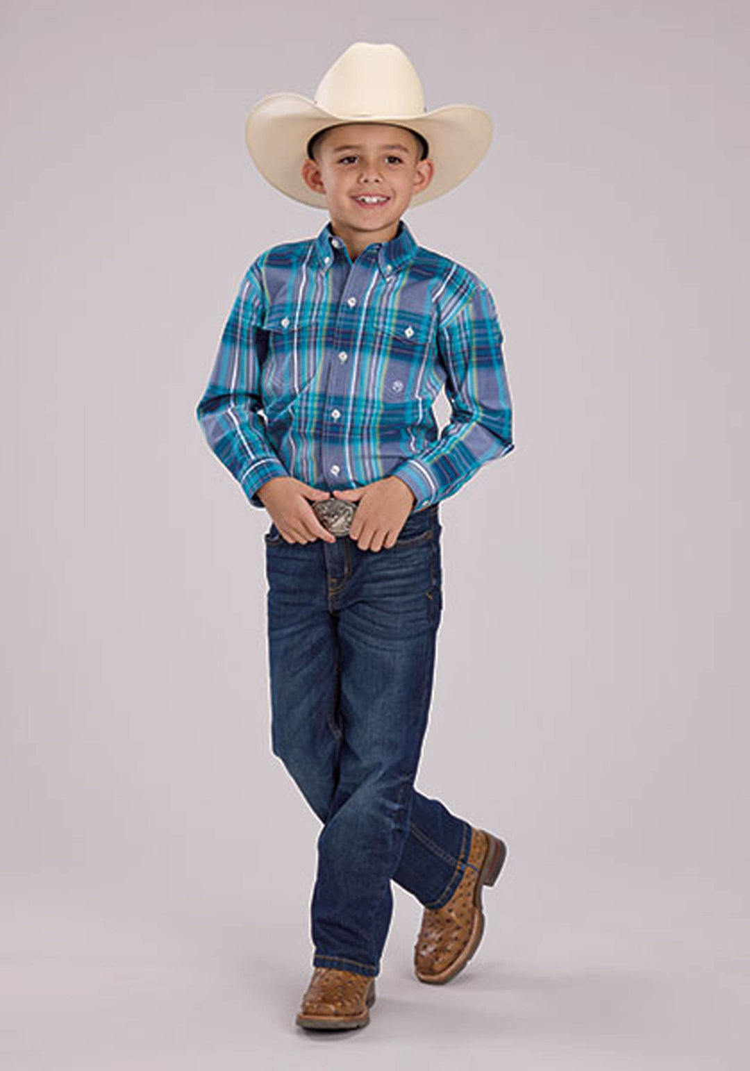 BOYS MEADOW PLAID LONG SLEEVE BUTTON WESTERN SHIRT
