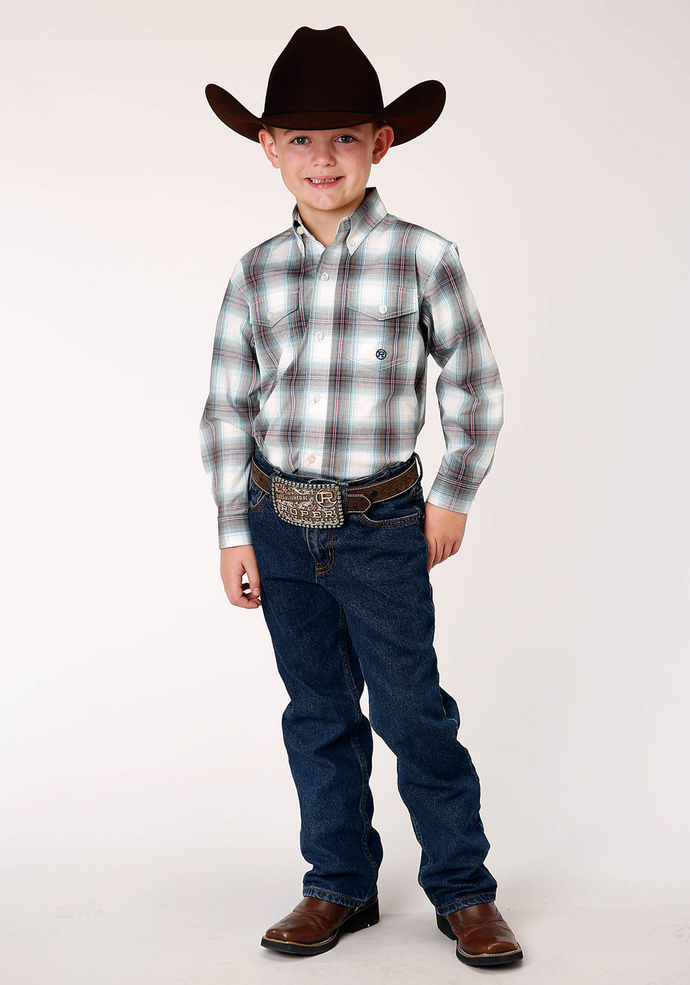 BOYS LONG SLEEVE BUTTON OLIVE STRETCH PLAID WESTERN SHIRT