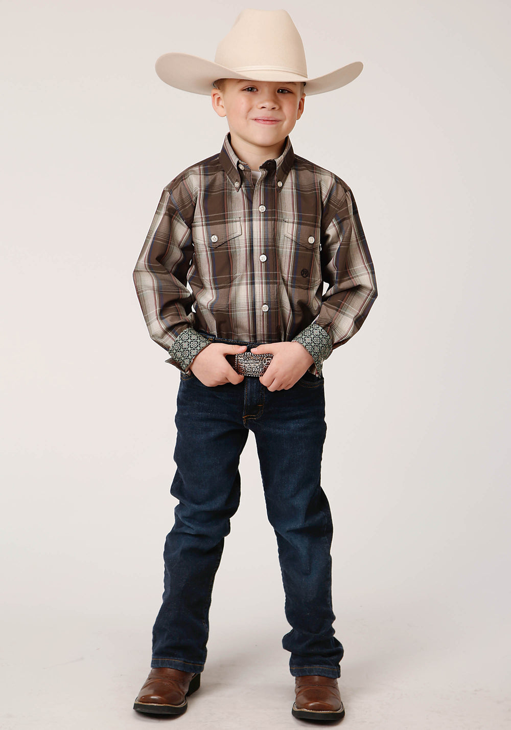 BOYS LONG SLEEVE BUTTON PINEWOOD PLAID WESTERN SHIRT