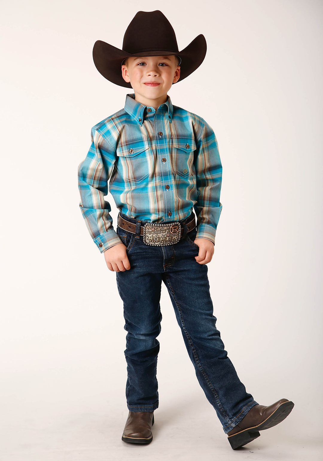 BOYS LONG SLEEVE BUTTON SANDY TURQUOISE PLAID WESTERN SHIRT