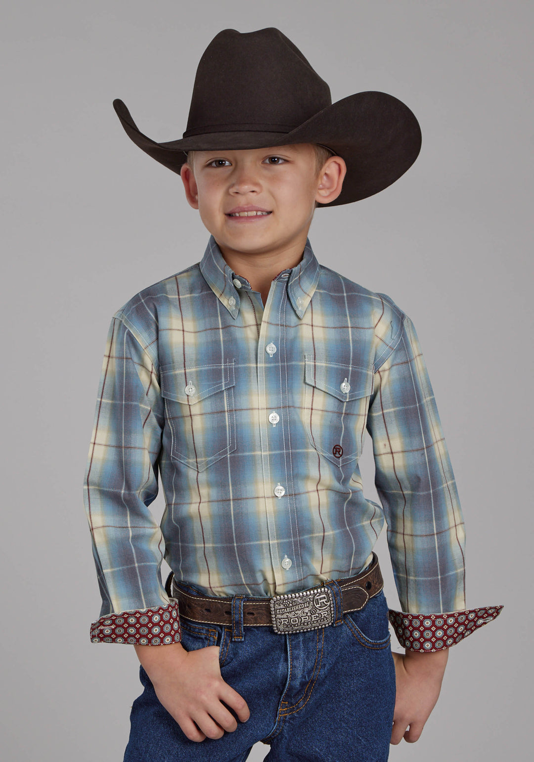 BOYS DUNGAREE PLAID LONG SLEEVE BUTTON WESTERN SHIRT