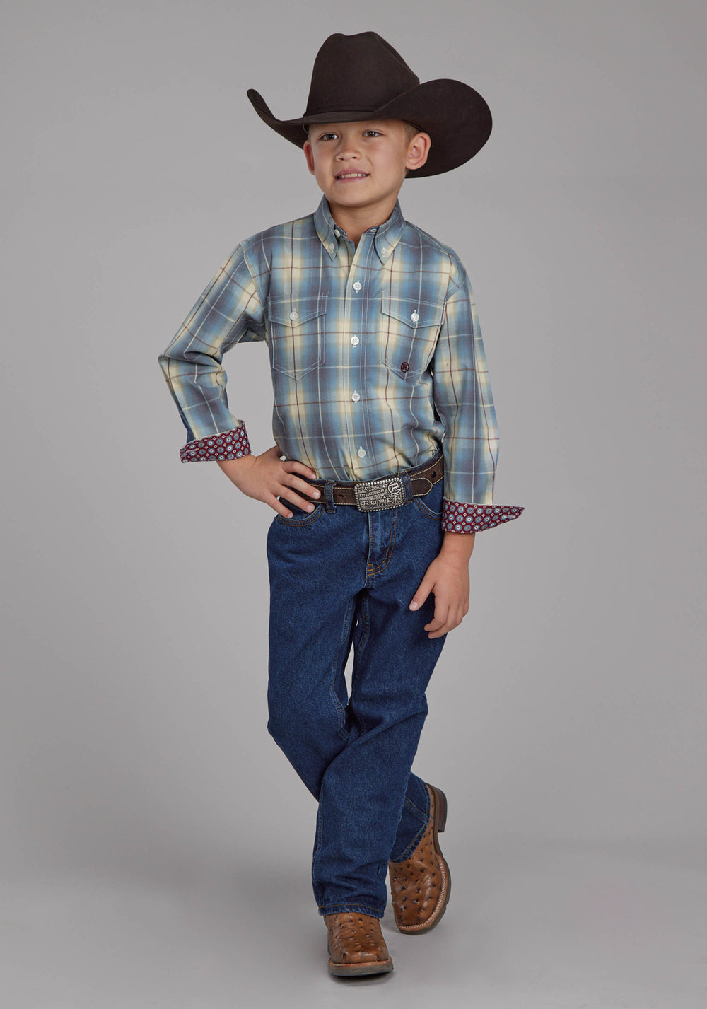 BOYS DUNGAREE PLAID LONG SLEEVE BUTTON WESTERN SHIRT
