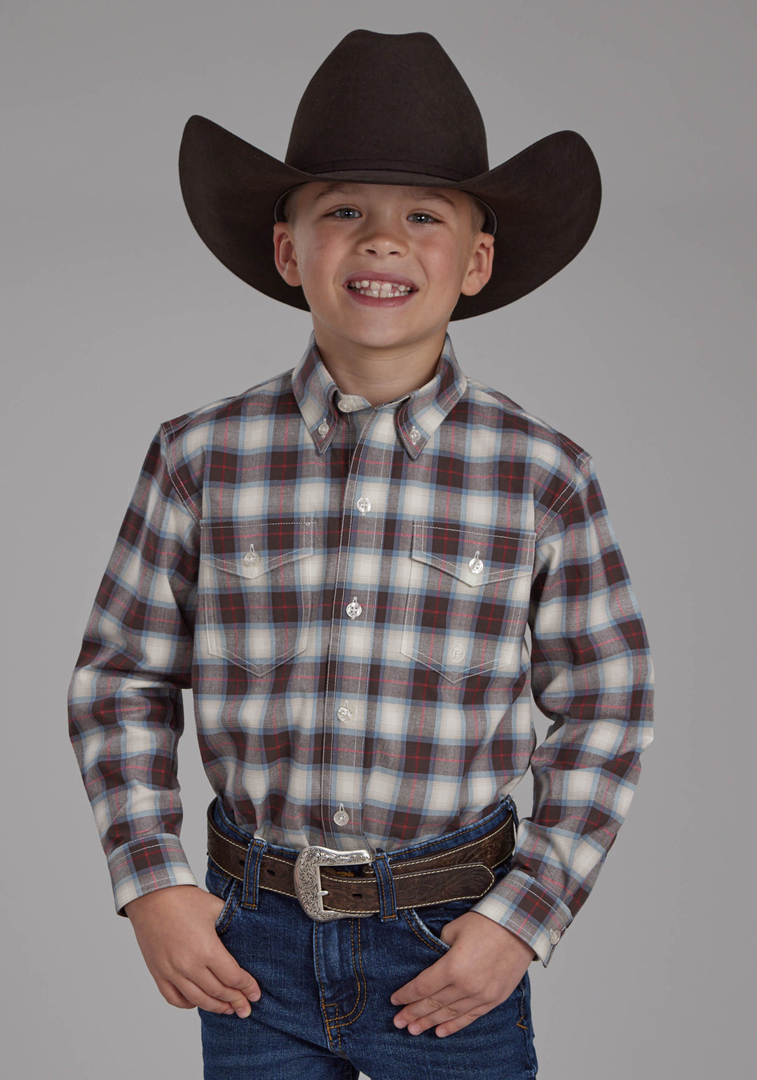 BOYS STRETCH PLAID - BROWN LONG SLEEVE BUTTON WESTERN SHIRT