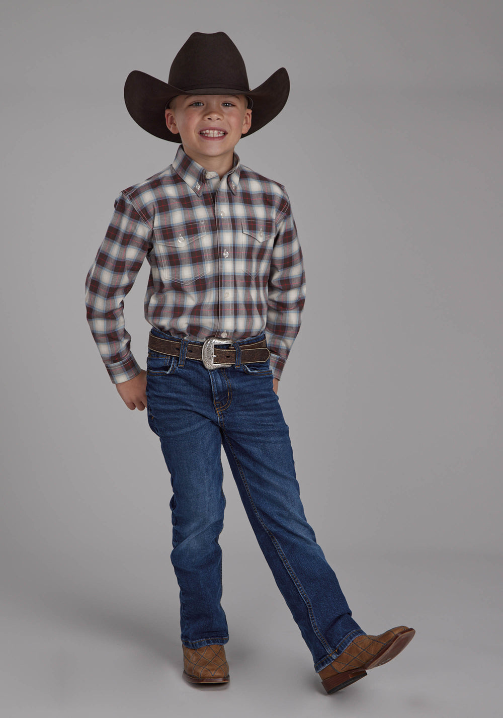 BOYS STRETCH PLAID - BROWN LONG SLEEVE BUTTON WESTERN SHIRT