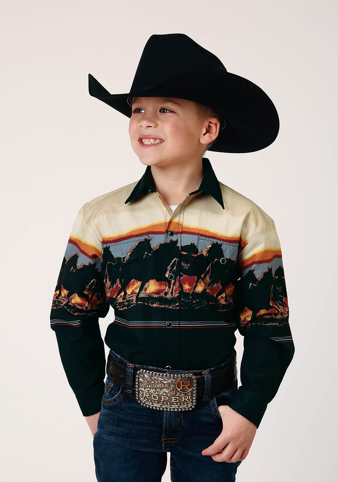 BOYS LONG SLEEVE SNAP SCENIC HORSE BORDER WESTERN SHIRT