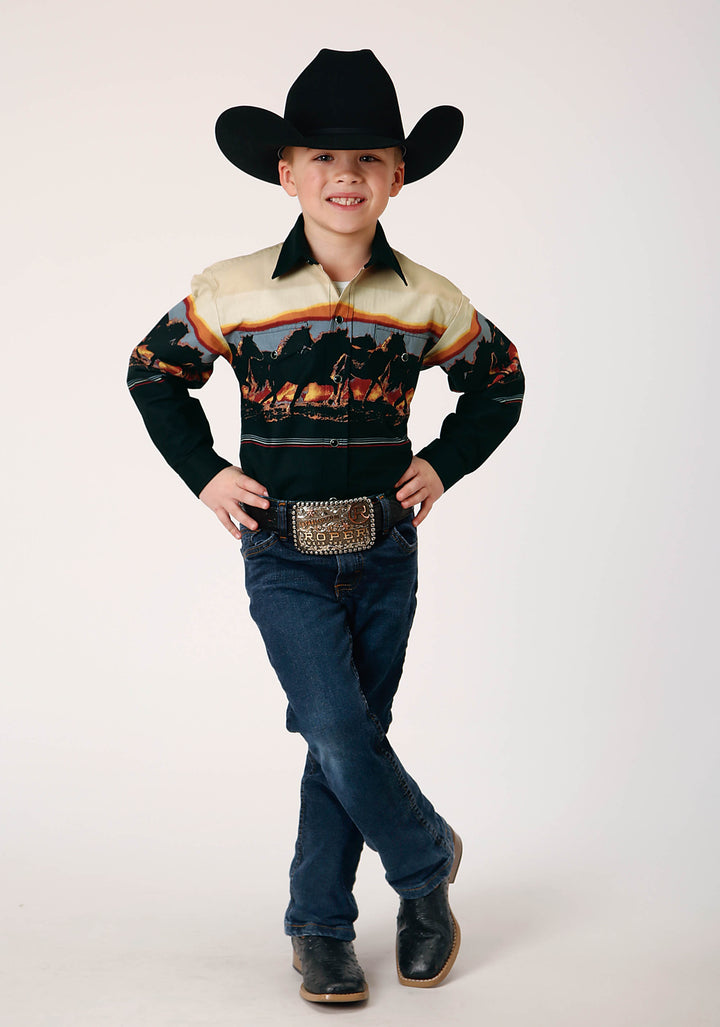 BOYS LONG SLEEVE SNAP SCENIC HORSE BORDER WESTERN SHIRT