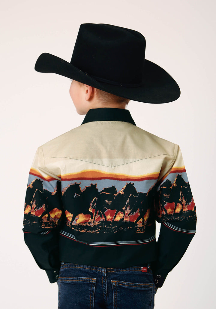 BOYS LONG SLEEVE SNAP SCENIC HORSE BORDER WESTERN SHIRT