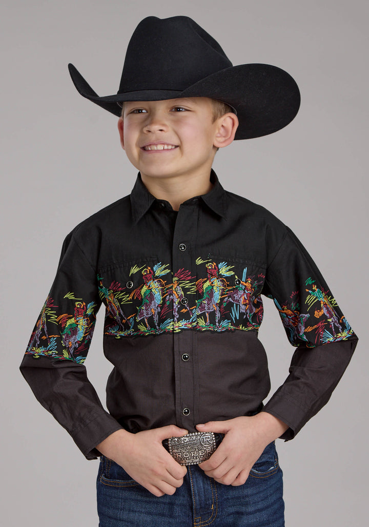 BOYS SCRIBBLE BULLRIDERS BORDER SCENIC LONG SLEEVE SNAP WESTERN SHIRT