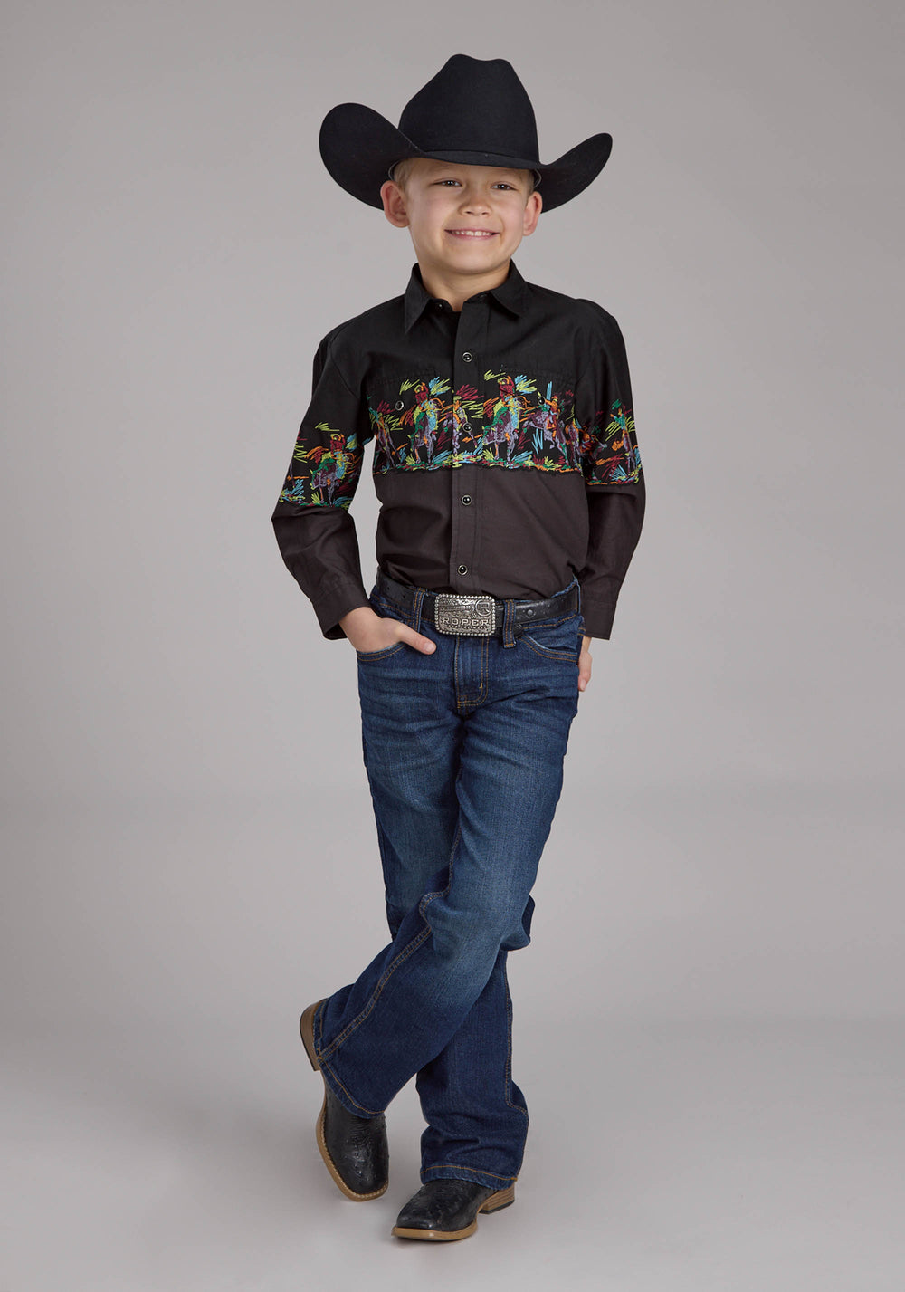 BOYS SCRIBBLE BULLRIDERS BORDER SCENIC LONG SLEEVE SNAP WESTERN SHIRT