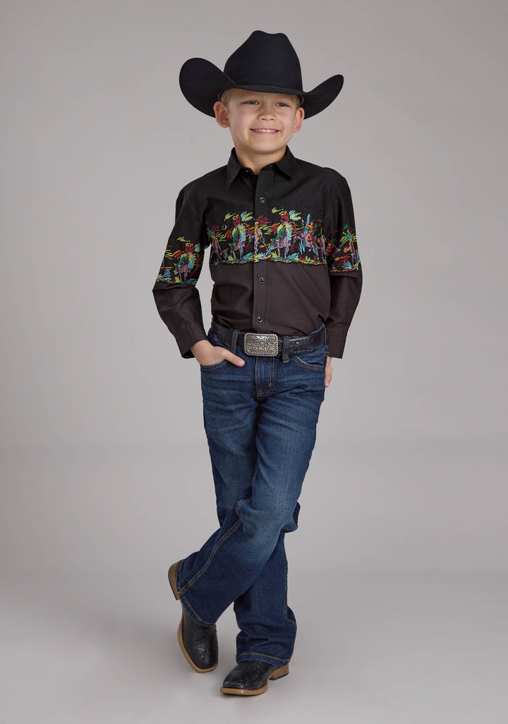 BOYS SCRIBBLE BULLRIDERS BORDER SCENIC LONG SLEEVE SNAP WESTERN SHIRT