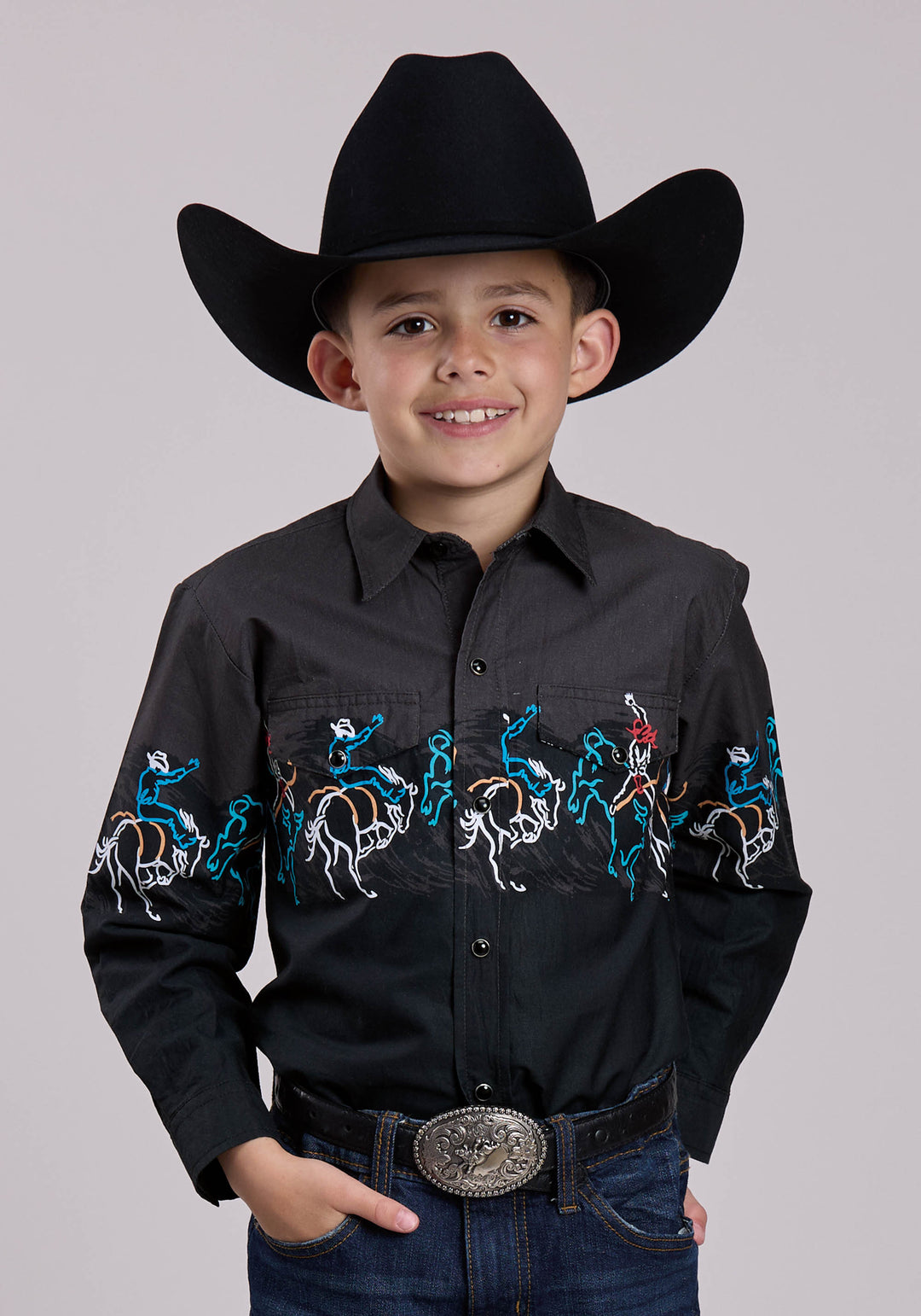 BOYS LONG SLEEVE SNAP PAINTERLY RODEO BORDER SCENIC PRINT WESTERN SHIRT