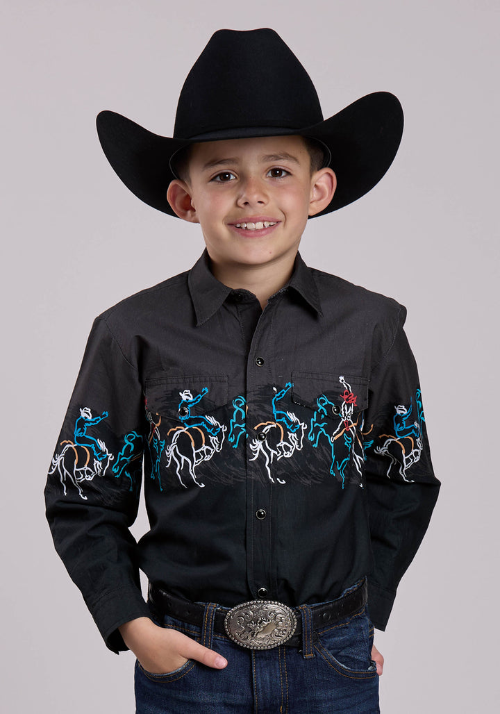 BOYS LONG SLEEVE SNAP PAINTERLY RODEO BORDER SCENIC PRINT WESTERN SHIRT