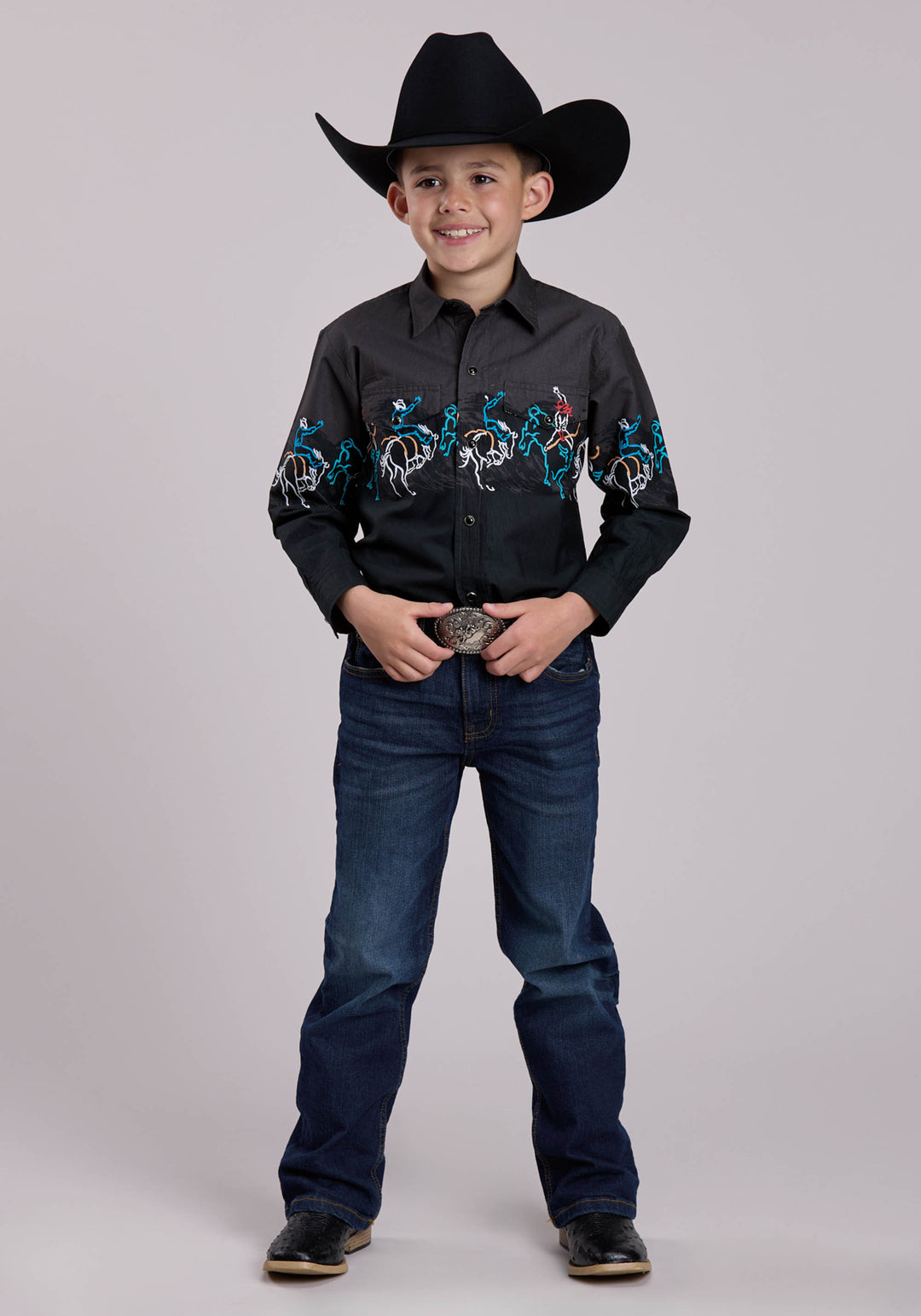 BOYS LONG SLEEVE SNAP PAINTERLY RODEO BORDER SCENIC PRINT WESTERN SHIRT